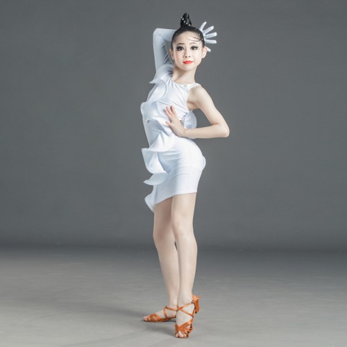 Girls kids white color latin dance dresses ruffles front fashion one shoulder latin salsa chacha dance costumes for girls